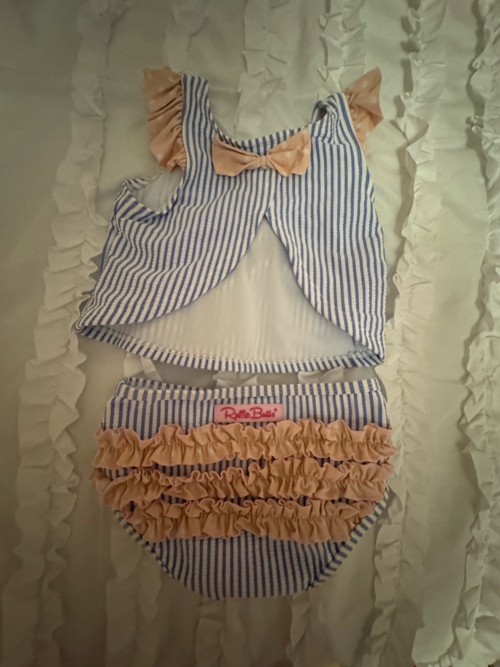 Ruffle Butts Blue & Cream Striped Ruffle Two-Piece Swim Set